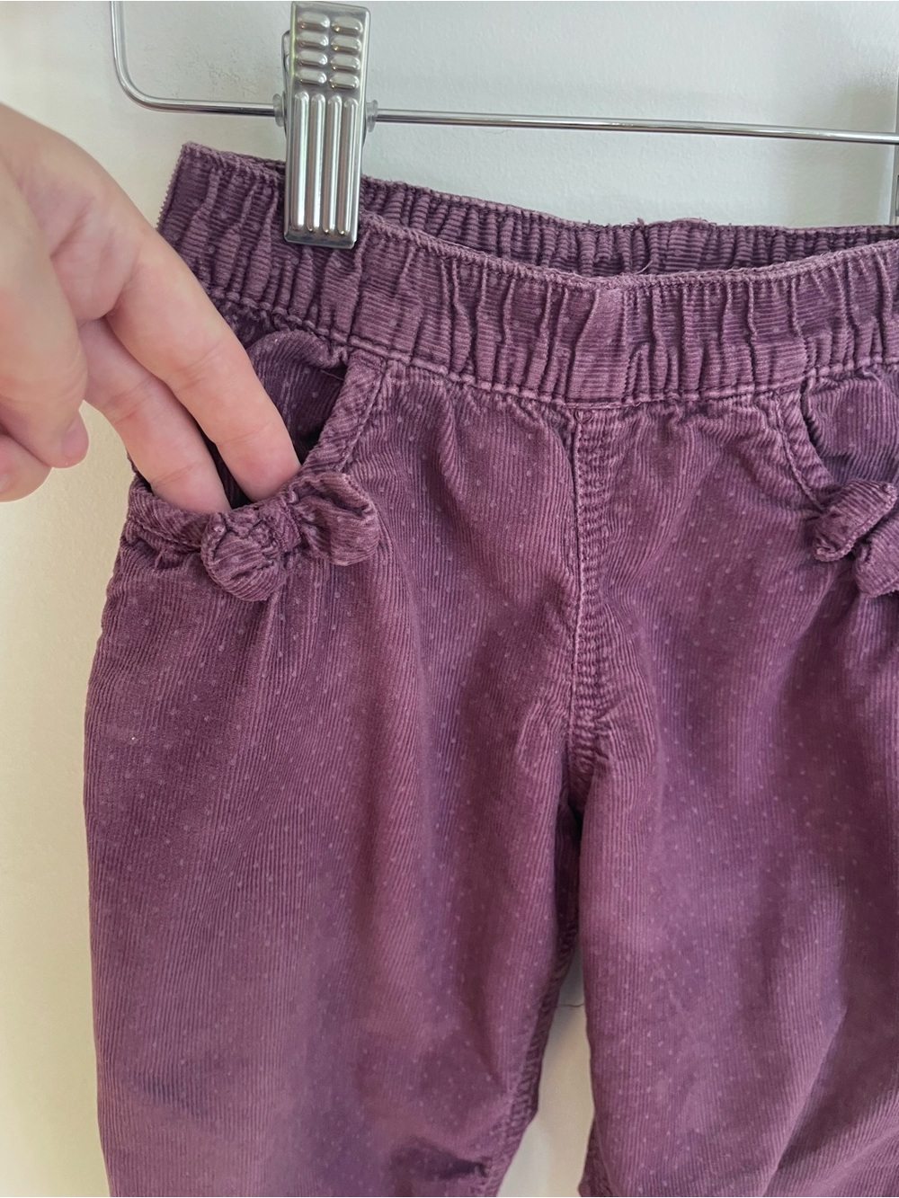 $5 💥Girls Corduroy Pants, Tiny Purple Polka Dots, Soft Narrow Wale, Fabric Bow